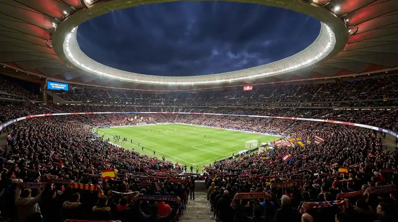 Aficionados llenando las gradas de un estadio de LaLiga durante un partido nocturno